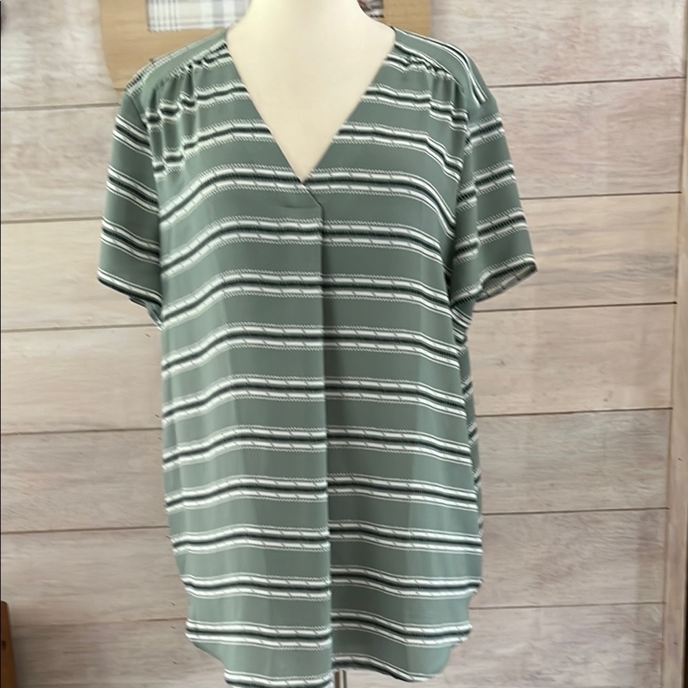 Loft Striped V-Neck Women Top - Green XL